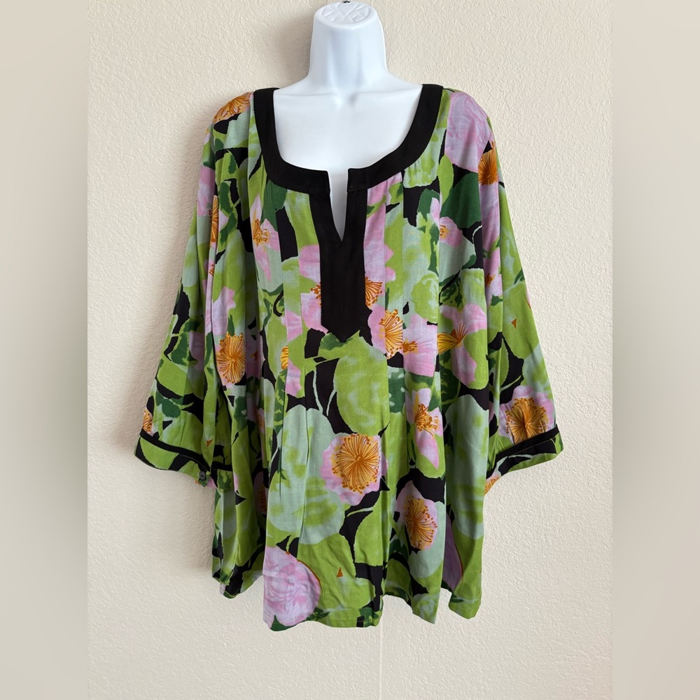 We Be Bop‎ Floral Long Sleeve Tunic Blouse 1X Lagenlook Artsy Bohemian